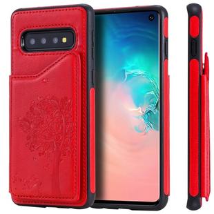 For Galaxy S10 Cat Tree Embossing Pattern Shockproof Protective Case with Card Slots & Photo Frame & Holder(Red)