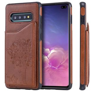 For Galaxy S10+ Cat Tree Embossing Pattern Shockproof Protective Case with Card Slots & Photo Frame & Holder(Brown)