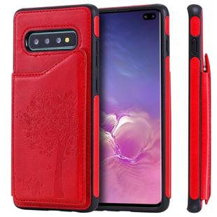 For Galaxy S10+ Cat Tree Embossing Pattern Shockproof Protective Case with Card Slots & Photo Frame & Holder(Red)