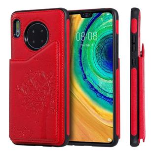 For Huawei Mate 30 Cat Tree Embossing Pattern Shockproof Protective Case with Card Slots & Photo Frame & Holder(Red)