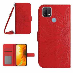 For OPPO A15/A15S Skin Feel Sun Flower Pattern Flip Leather Phone Case with Lanyard(Red)