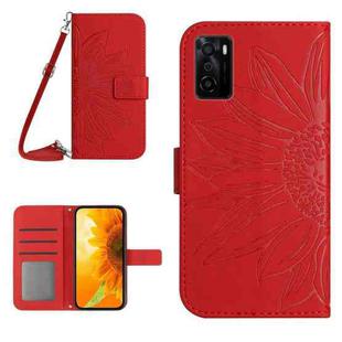 For OPPO A55S Japan Edition Skin Feel Sun Flower Pattern Flip Leather Phone Case with Lanyard(Red)