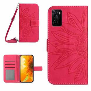 For OPPO A55S Japan Edition Skin Feel Sun Flower Pattern Flip Leather Phone Case with Lanyard(Rose Red)