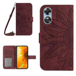 For OPPO A17 Skin Feel Sun Flower Pattern Flip Leather Phone Case with Lanyard(Wine Red)
