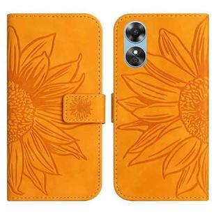 For OPPO A17 Skin Feel Sun Flower Pattern Flip Leather Phone Case with Lanyard(Yellow)