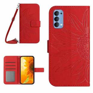 For OPPO Reno4 5G Skin Feel Sun Flower Pattern Flip Leather Phone Case with Lanyard(Red)