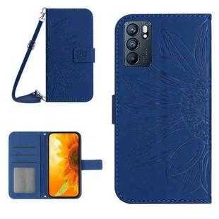 For OPPO Reno6 5G Skin Feel Sun Flower Pattern Flip Leather Phone Case with Lanyard(Dark Blue)