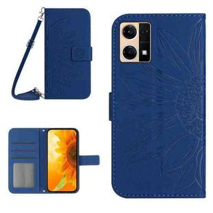 For OPPO Reno7 4G/Reno8 4G Skin Feel Sun Flower Pattern Flip Leather Phone Case with Lanyard(Dark Blue)