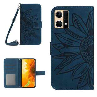 For OPPO Reno7 4G/Reno8 4G Skin Feel Sun Flower Pattern Flip Leather Phone Case with Lanyard(Inky Blue)