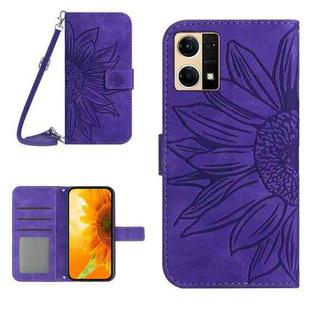 For OPPO Reno7 4G/Reno8 4G Skin Feel Sun Flower Pattern Flip Leather Phone Case with Lanyard(Dark Purple)