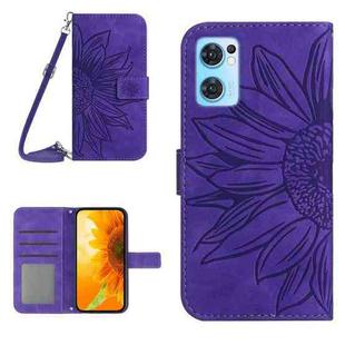 For OPPO Reno7 5G/Find X5 Lite Skin Feel Sun Flower Pattern Flip Leather Phone Case with Lanyard(Dark Purple)