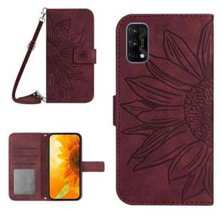 For Realme 7 Pro Skin Feel Sun Flower Pattern Flip Leather Phone Case with Lanyard(Wine Red)