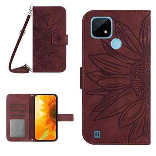 For Realme C20/C21 Skin Feel Sun Flower Pattern Flip Leather Phone Case with Lanyard(Wine Red)