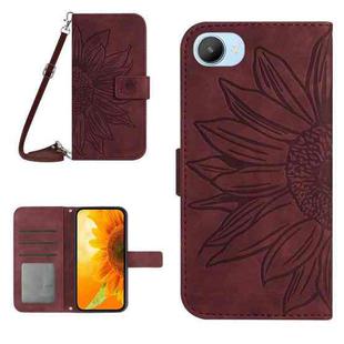 For Realme C30/Narzo 50i Prime Skin Feel Sun Flower Pattern Flip Leather Phone Case with Lanyard(Wine Red)
