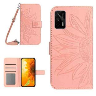 For Realme GT/GT NEO Skin Feel Sun Flower Pattern Flip Leather Phone Case with Lanyard(Pink)