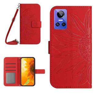 For Realme GT Neo3 Skin Feel Sun Flower Pattern Flip Leather Phone Case with Lanyard(Red)