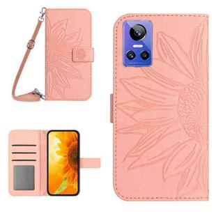 For Realme GT Neo3 Skin Feel Sun Flower Pattern Flip Leather Phone Case with Lanyard(Pink)