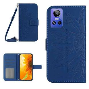 For Realme GT Neo3 Skin Feel Sun Flower Pattern Flip Leather Phone Case with Lanyard(Dark Blue)