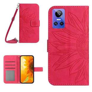 For Realme GT Neo3 Skin Feel Sun Flower Pattern Flip Leather Phone Case with Lanyard(Rose Red)