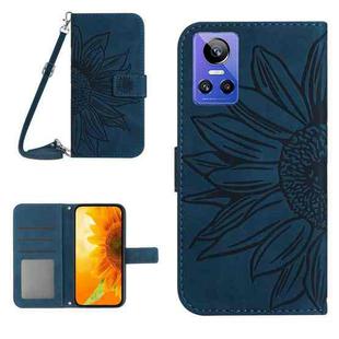 For Realme GT Neo3 Skin Feel Sun Flower Pattern Flip Leather Phone Case with Lanyard(Inky Blue)