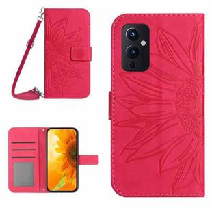 For OnePlus 9 Skin Feel Sun Flower Pattern Flip Leather Phone Case with Lanyard(Rose Red)