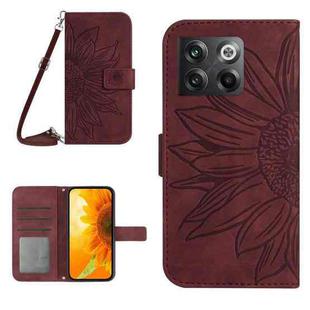 For OnePlus 10T Skin Feel Sun Flower Pattern Flip Leather Phone Case with Lanyard(Wine Red)