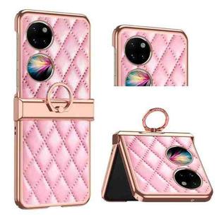 For Huawei P50 Pocket Grid Leather Pattern Electroplating Frame Folding Phone Case(Pink)
