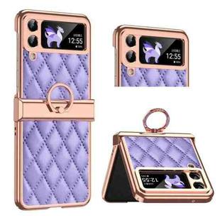 For Samsung Galaxy Z Flip3 5G Grid Leather Pattern Electroplating Frame Folding Phone Case(Purple)