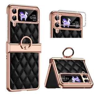 For Samsung Galaxy Z Flip4 Grid Leather Pattern Electroplating Frame Folding Phone Case(Black)