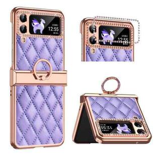 For Samsung Galaxy Z Flip4 Grid Leather Pattern Electroplating Frame Folding Phone Case(Purple)