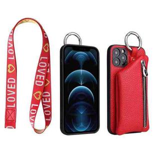 For iPhone 14 Pro Max Detachable Zippered Coin Purse Phone Case with Lanyard(Red)