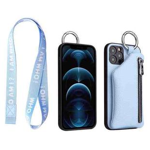 For iPhone 14 Detachable Zippered Coin Purse Phone Case with Lanyard(Blue)