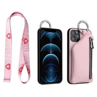 For iPhone 12 Pro Detachable Zippered Coin Purse Phone Case with Lanyard(Pink)