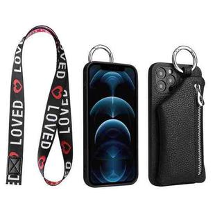 For iPhone 12 Detachable Zippered Coin Purse Phone Case with Lanyard(Black)