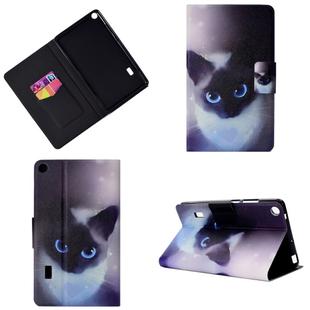 Horizontal Painted Flat Leather Case with Pen Cover & Card Slot & Holder(Blue Eyed Cat)