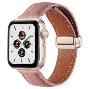 Folding Buckle Genuine Leather Watch Band for Apple Watch Ultra 49mm / Series 8&7 45mm / SE 2&6&SE&5&4 44mm / 3&2&1 42mm(Dark Pink)