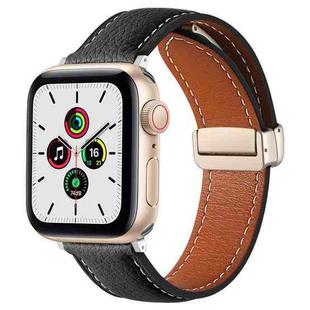 Folding Buckle Genuine Leather Watch Band for Apple Watch Series 8&7 41mm / SE 2&6&SE&5&4 40mm / 3&2&1 38mm(Black)