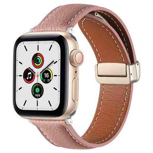 Folding Buckle Genuine Leather Watch Band for Apple Watch Series 8&7 41mm / SE 2&6&SE&5&4 40mm / 3&2&1 38mm(Dark Pink)