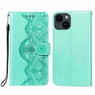 For iPhone 14 Plus Flower Vine Embossing Flip Leather Phone Case(Green)