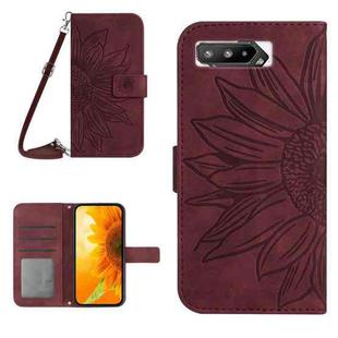 For Asus ROG Phone 5 ZS673KS Skin Feel Sun Flower Pattern Flip Leather Phone Case with Lanyard(Wine Red)