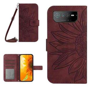 For Asus ROG Phone 6 Skin Feel Sun Flower Pattern Flip Leather Phone Case with Lanyard(Wine Red)