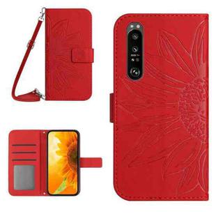 For Sony Xperia 1 III Skin Feel Sun Flower Pattern Flip Leather Phone Case with Lanyard(Red)