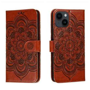 For iPhone 14 / 13 Sun Mandala Embossing Leather Phone Case(Brown)