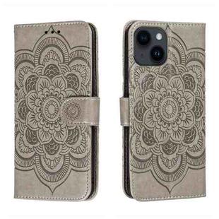 For iPhone 14 Plus Sun Mandala Embossing Leather Phone Case(Grey)