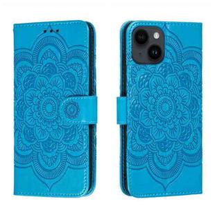For iPhone 14 Plus Sun Mandala Embossing Leather Phone Case(Blue)