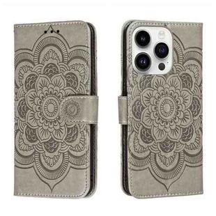 For iPhone 14 Pro Sun Mandala Embossing Leather Phone Case(Grey)