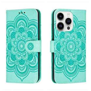 For iPhone 14 Pro Max Sun Mandala Embossing Leather Phone Case(Green)