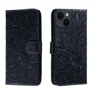For iPhone 14 Plus Lace Flower Embossing Flip Leather Phone Case(Dark Blue)