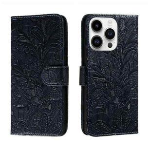 For iPhone 14 Pro Lace Flower Embossing Flip Leather Phone Case(Dark Blue)