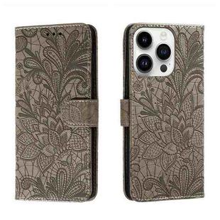 For iPhone 14 Pro Max Lace Flower Embossing Flip Leather Phone Case(Grey)